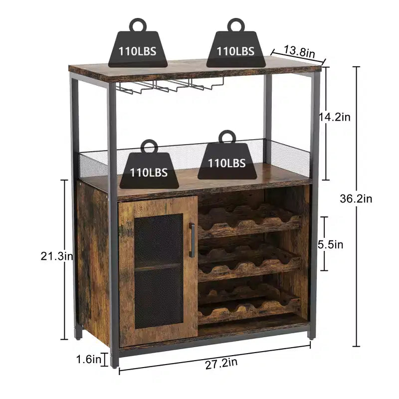 Credenza mobile bar a 3 livelli con portabottiglie e spazio contenitore, mobile buffet con portabicchieri e anta a rete, per cucina, soggiorno e bar