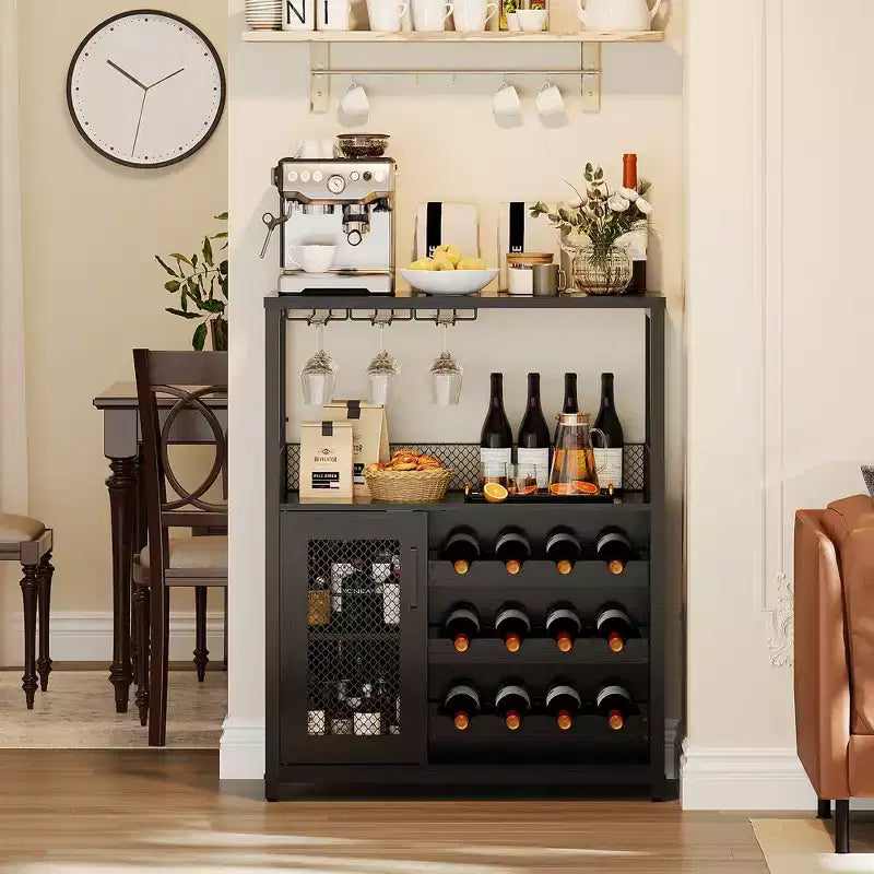 Credenza mobile bar a 3 livelli con portabottiglie e spazio contenitore, mobile buffet con portabicchieri e anta a rete, per cucina, soggiorno e bar