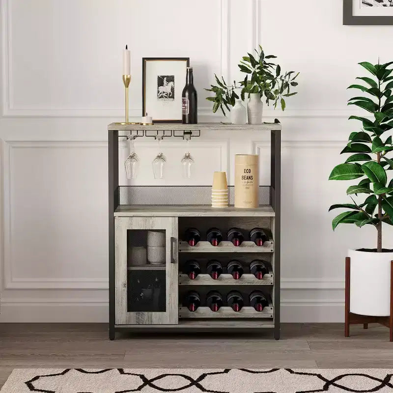 Credenza mobile bar a 3 livelli con portabottiglie e spazio contenitore, mobile buffet con portabicchieri e anta a rete, per cucina, soggiorno e bar