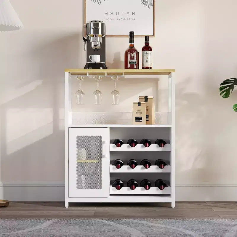 Credenza mobile bar a 3 livelli con portabottiglie e spazio contenitore, mobile buffet con portabicchieri e anta a rete, per cucina, soggiorno e bar