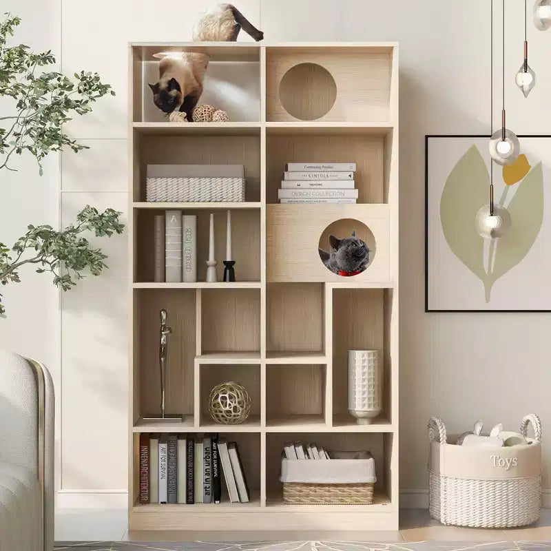 Okak Modern Bookshelf with Cat Litter Box, Display Case with Cat Climbing Shelf, 2 in 1 Bookcase for Living Room, Bedroom, Natural