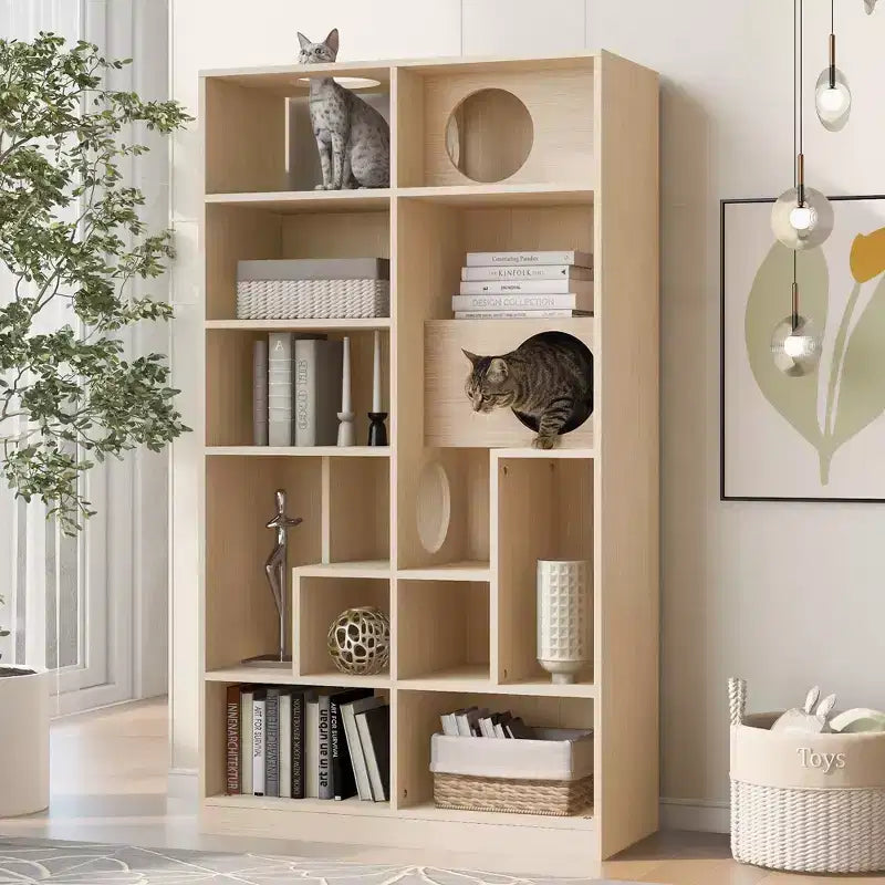 Libreria Moderna con Lettiera per Gatti, Vetrina con Mensola per Gatti, Libreria 2 in 1 per Soggiorno, Camera da Letto, Naturale