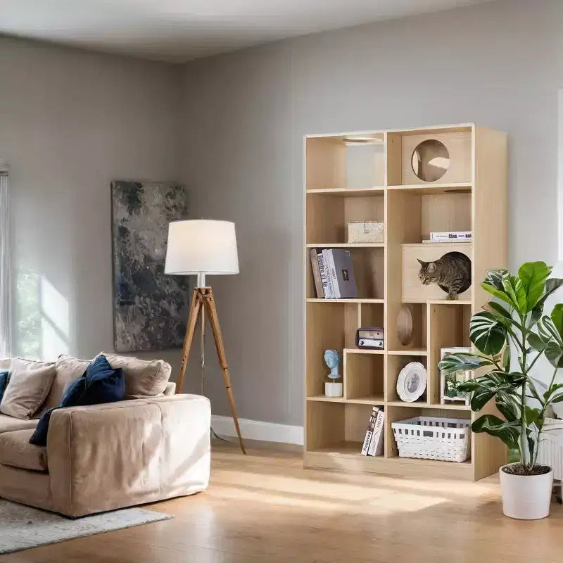 Libreria Moderna con Lettiera per Gatti, Vetrina con Mensola per Gatti, Libreria 2 in 1 per Soggiorno, Camera da Letto, Naturale