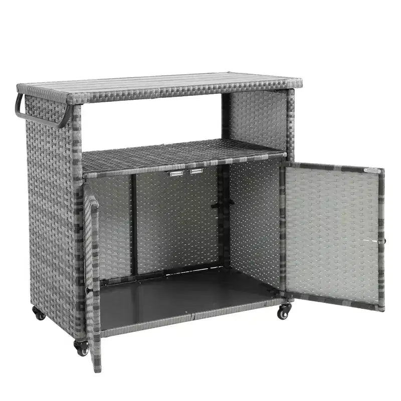 NAYSAYE Bar Serving Cart Outdoor Wicker Wine and Beverage Counter with Glass Top for Patio , Gray, 35.2*20.6*34.2