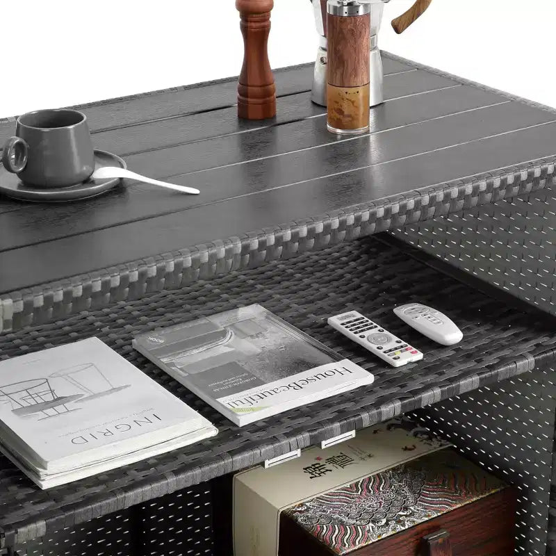Carrello bar per esterni in vimini, mobile per vino e bevande con piano in vetro per patio, grigio, 35.2*20.6*34.2