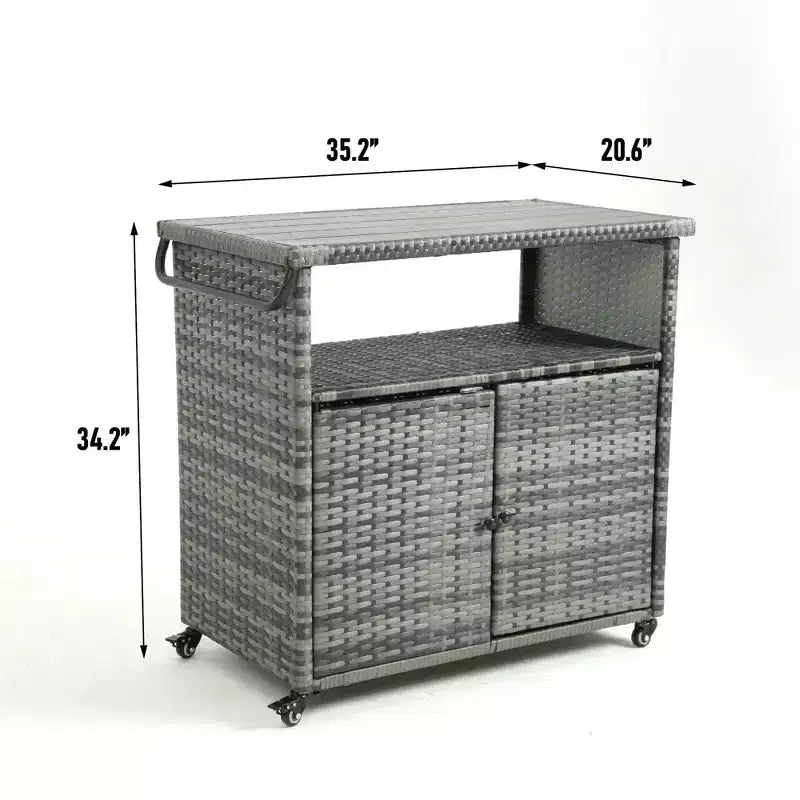Carrello bar per esterni in vimini, mobile per vino e bevande con piano in vetro per patio, grigio, 35.2*20.6*34.2