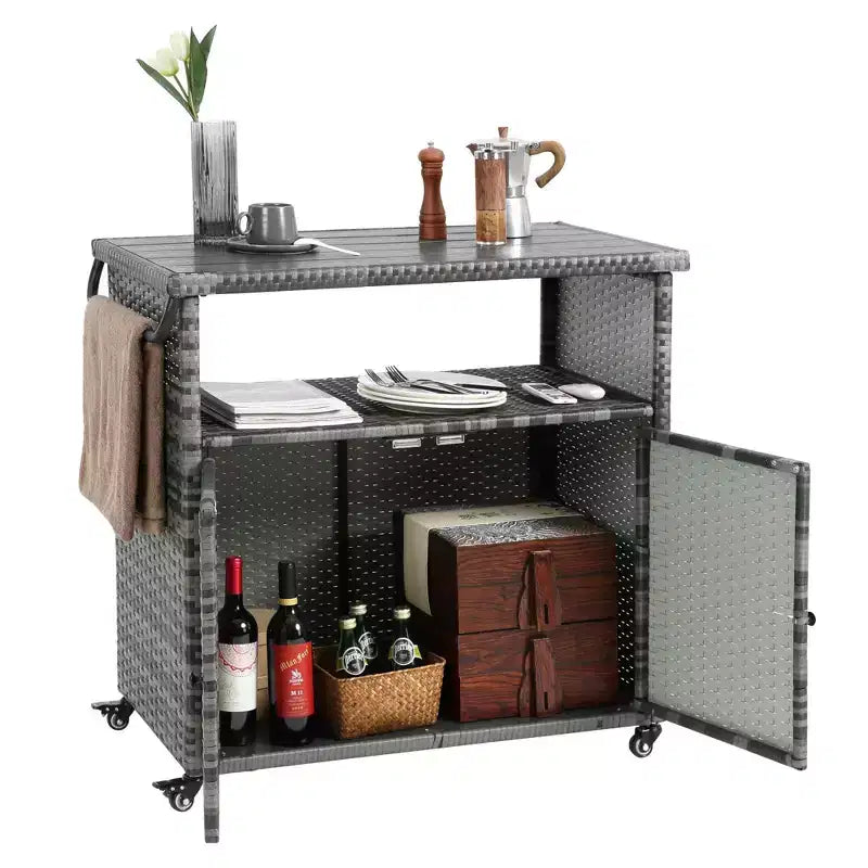 Carrello bar per esterni in vimini, mobile per vino e bevande con piano in vetro per patio, grigio, 35.2*20.6*34.2