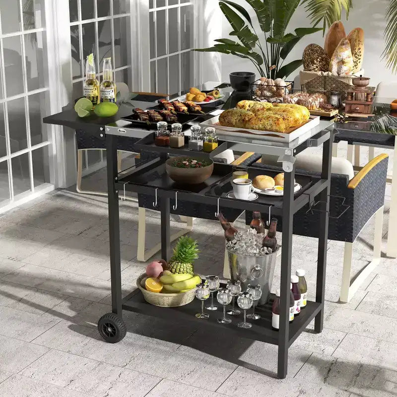 Carrello da bar per esterni, isola da cucina con piano in acciaio inossidabile e contenitore per patio, nero, 48*24.4*33.1