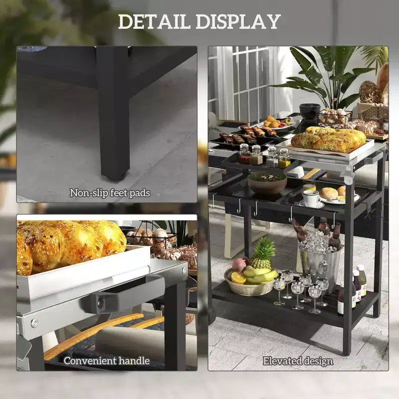 Carrello da bar per esterni, isola da cucina con piano in acciaio inossidabile e contenitore per patio, nero, 48*24.4*33.1
