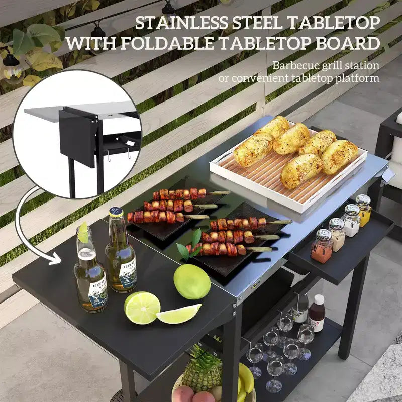 Carrello da bar per esterni, isola da cucina con piano in acciaio inossidabile e contenitore per patio, nero, 48*24.4*33.1