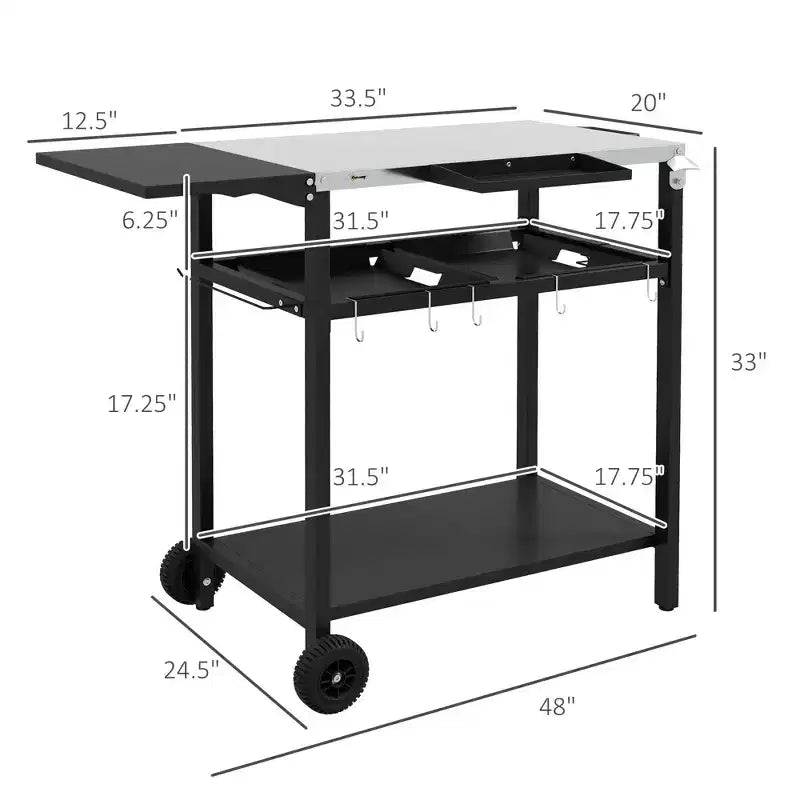 Carrello da bar per esterni, isola da cucina con piano in acciaio inossidabile e contenitore per patio, nero, 48*24.4*33.1