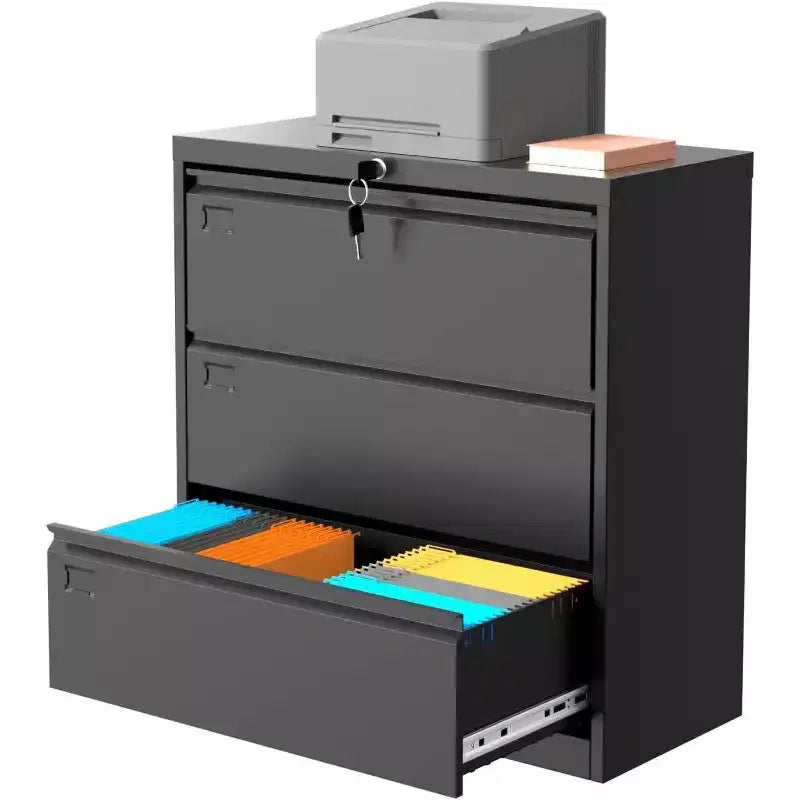 Cassettiera laterale a 3 cassetti con serratura, organizer portaoggetti in metallo per documenti in formato Letter/Legal/A4, schedario salvaspazio nero per ufficio