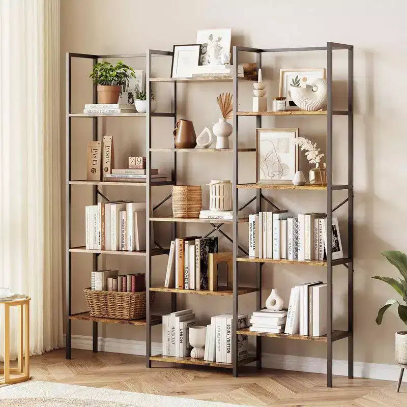 Libreria industriale a tre colonne con 5 ripiani, libreria con 14 mensole espositive, libreria moderna ampia e grande per soggiorno, casa