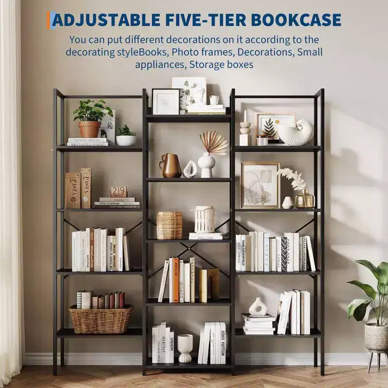 Libreria industriale a tre colonne con 5 ripiani, libreria con 14 mensole espositive, libreria moderna ampia e grande per soggiorno, casa