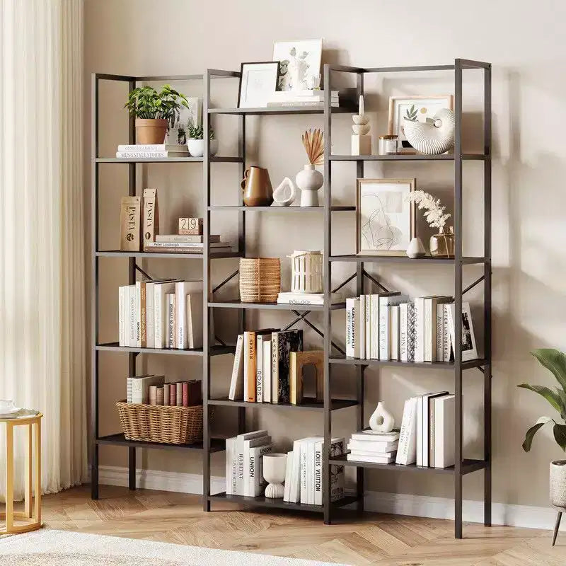 Libreria industriale a tre colonne con 5 ripiani, libreria con 14 mensole espositive, libreria moderna ampia e grande per soggiorno, casa