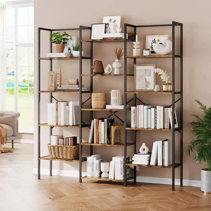 Libreria industriale a tre colonne con 5 ripiani, libreria con 14 mensole espositive, libreria moderna ampia e grande per soggiorno, casa