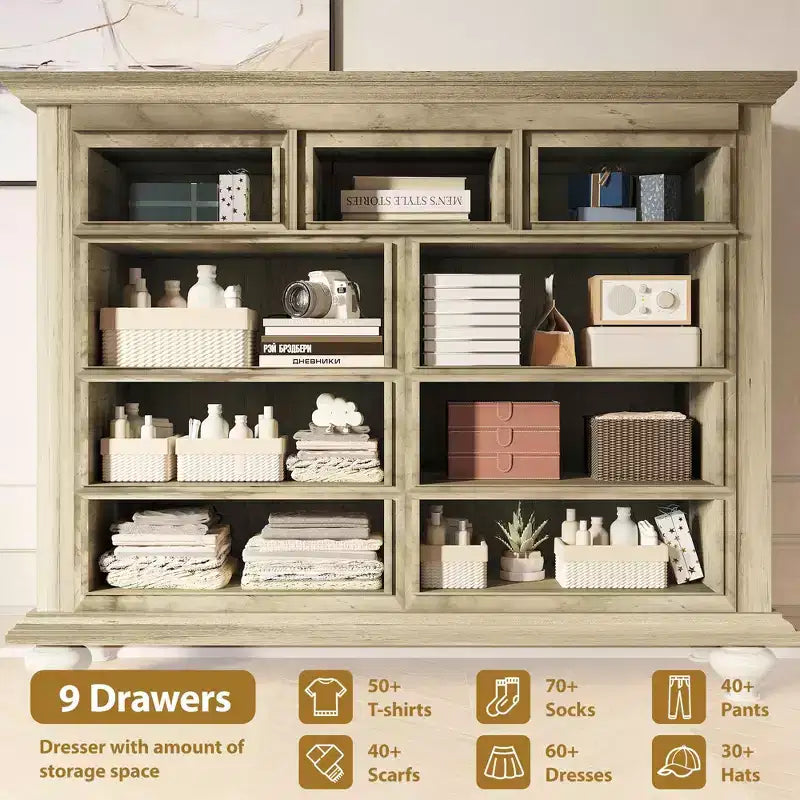 Cassettiera a 9 cassetti, comò rustico in legno con maniglie in metallo, organizer per camera da letto, soggiorno