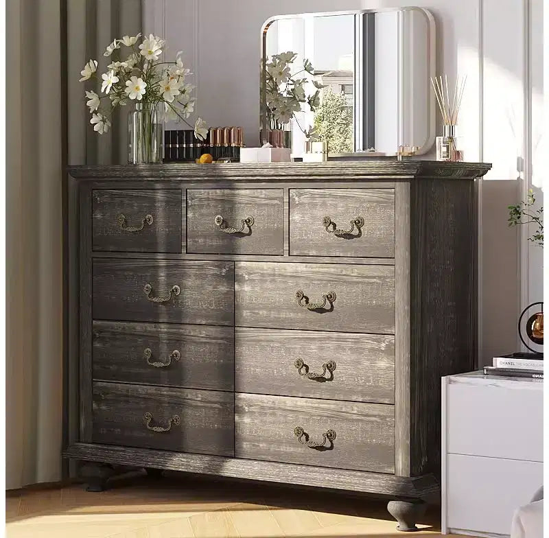 Cassettiera a 9 cassetti, comò rustico in legno con maniglie in metallo, organizer per camera da letto, soggiorno