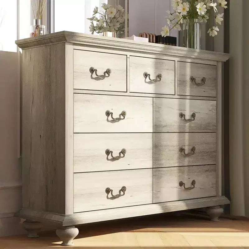 Cassettiera a 9 cassetti, comò rustico in legno con maniglie in metallo, organizer per camera da letto, soggiorno