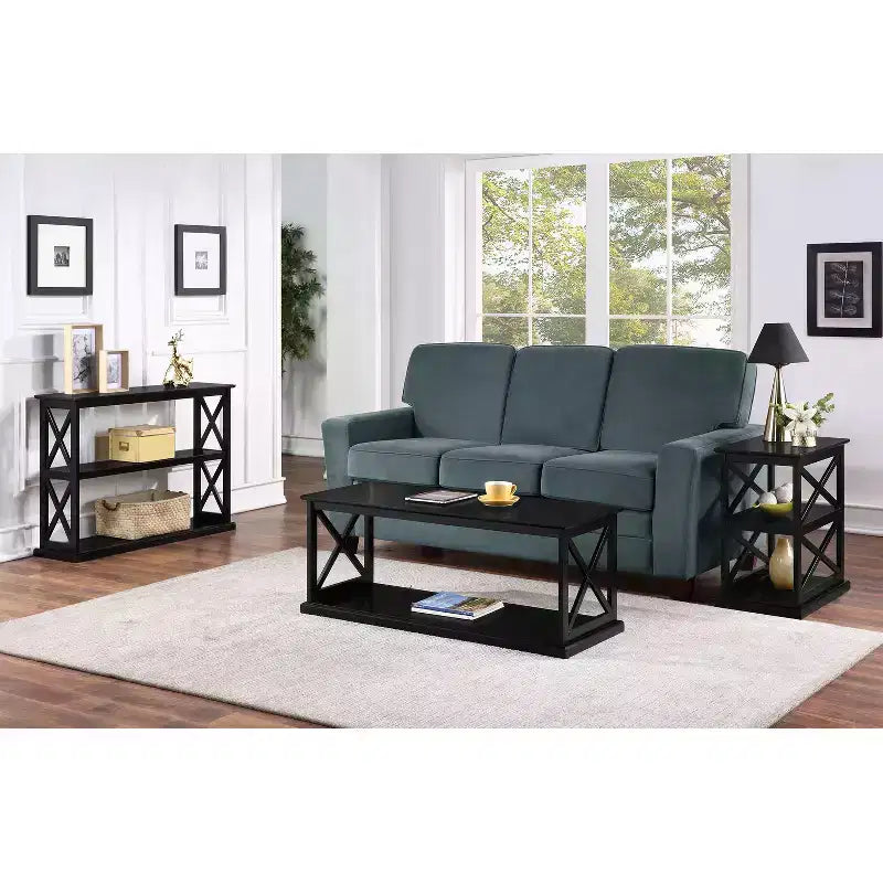Tavolino finale Belmont con ripiani elegante struttura a doppia X tavolo d'appoggio a tre ripiani per un arredamento domestico in stile tradizionale