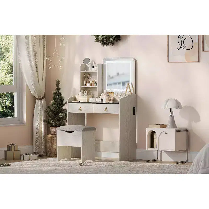 Tavolo da trucco con specchio illuminato a LED, set da trucco con 2 cassetti e stazione di ricarica, piccola scrivania da trucco con sgabello contenitore, regalo femminile