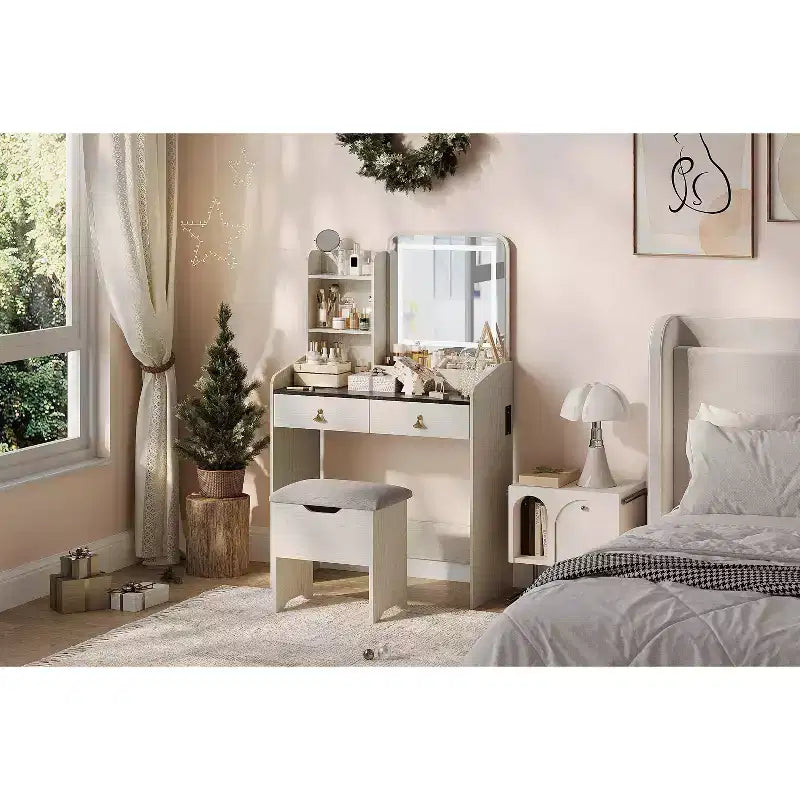 Tavolo da trucco con specchio illuminato a LED, set da trucco con 2 cassetti e stazione di ricarica, piccola scrivania da trucco con sgabello contenitore, regalo femminile