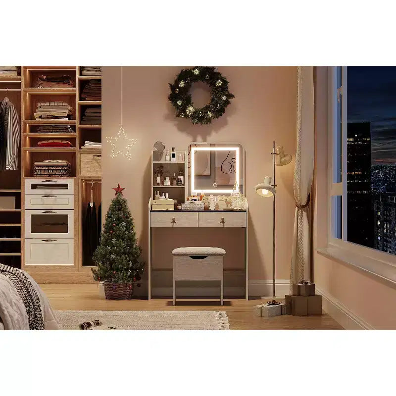 Tavolo da trucco con specchio illuminato a LED, set da trucco con 2 cassetti e stazione di ricarica, piccola scrivania da trucco con sgabello contenitore, regalo femminile