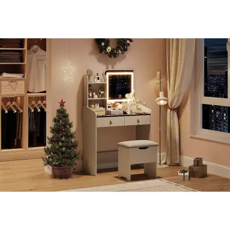Tavolo da trucco con specchio illuminato a LED, set da trucco con 2 cassetti e stazione di ricarica, piccola scrivania da trucco con sgabello contenitore, regalo femminile