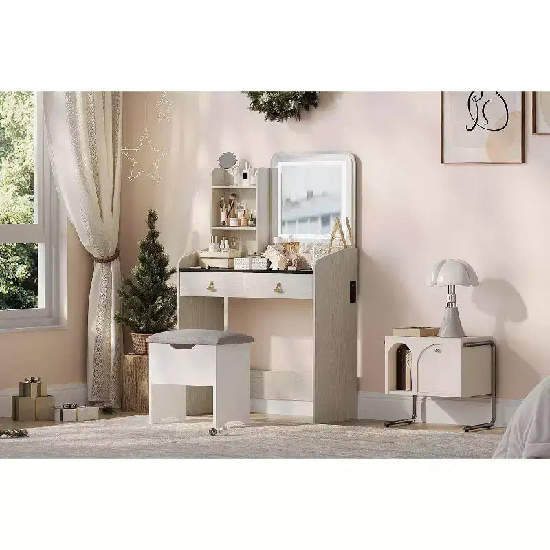Tavolo da trucco con specchio illuminato a LED, set da trucco con 2 cassetti e stazione di ricarica, piccola scrivania da trucco con sgabello contenitore, regalo femminile