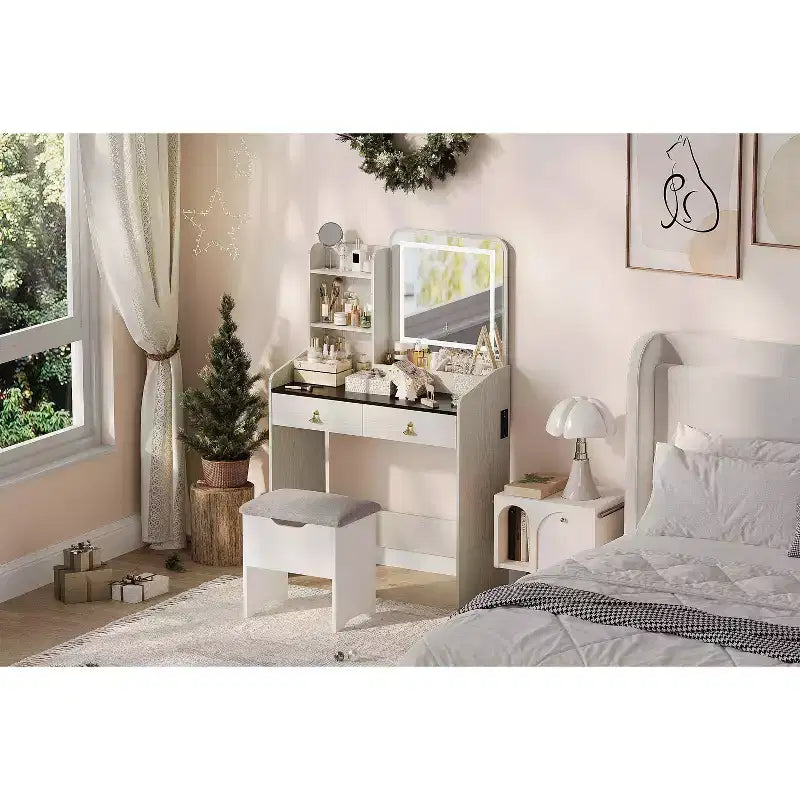 Tavolo da trucco con specchio illuminato a LED, set da trucco con 2 cassetti e stazione di ricarica, piccola scrivania da trucco con sgabello contenitore, regalo femminile