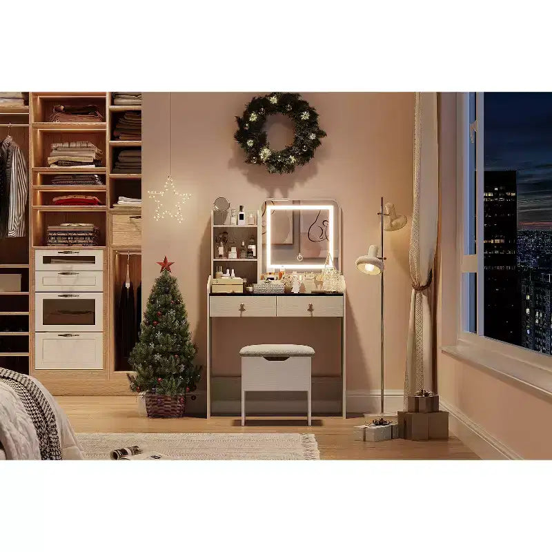 Tavolo da trucco con specchio illuminato a LED, set da trucco con 2 cassetti e stazione di ricarica, piccola scrivania da trucco con sgabello contenitore, regalo femminile