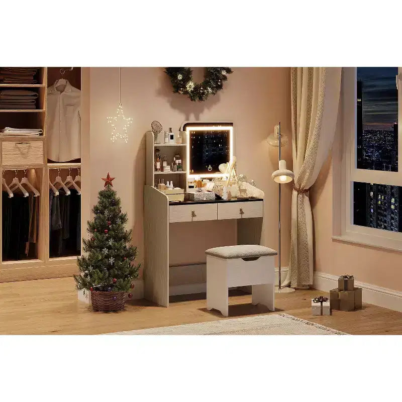 Tavolo da trucco con specchio illuminato a LED, set da trucco con 2 cassetti e stazione di ricarica, piccola scrivania da trucco con sgabello contenitore, regalo femminile