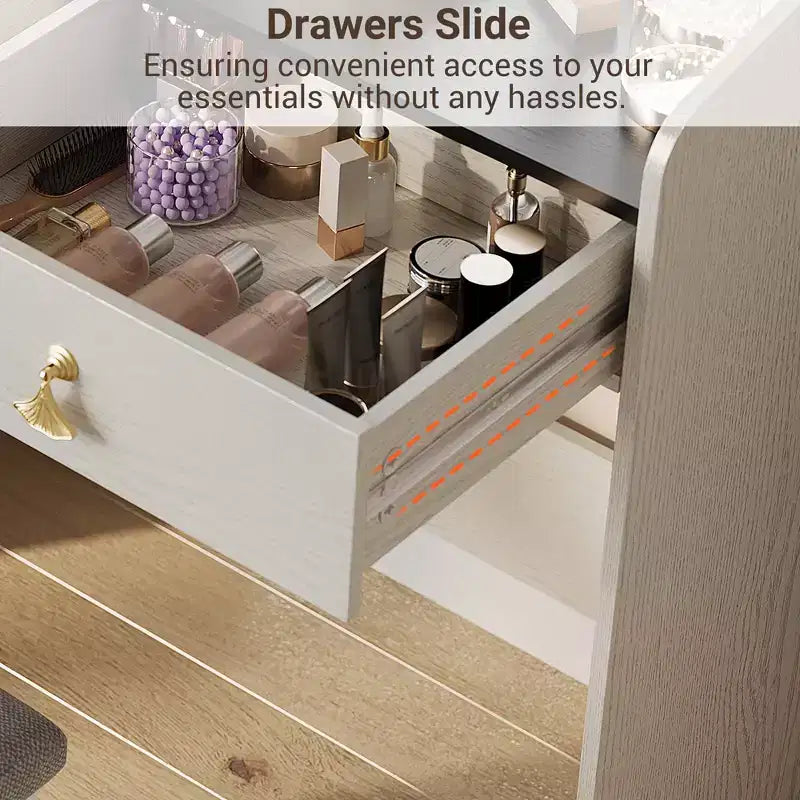 Tavolo da trucco con specchio illuminato a LED, set da trucco con 2 cassetti e stazione di ricarica, piccola scrivania da trucco con sgabello contenitore, regalo femminile