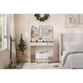 Makeup Vanity Table with LED Lighted Mirror, Vanity Table Set with 2 Drawer & Charging Station, Small Vanity Desk Set with Storage Stool, Femal Gift
