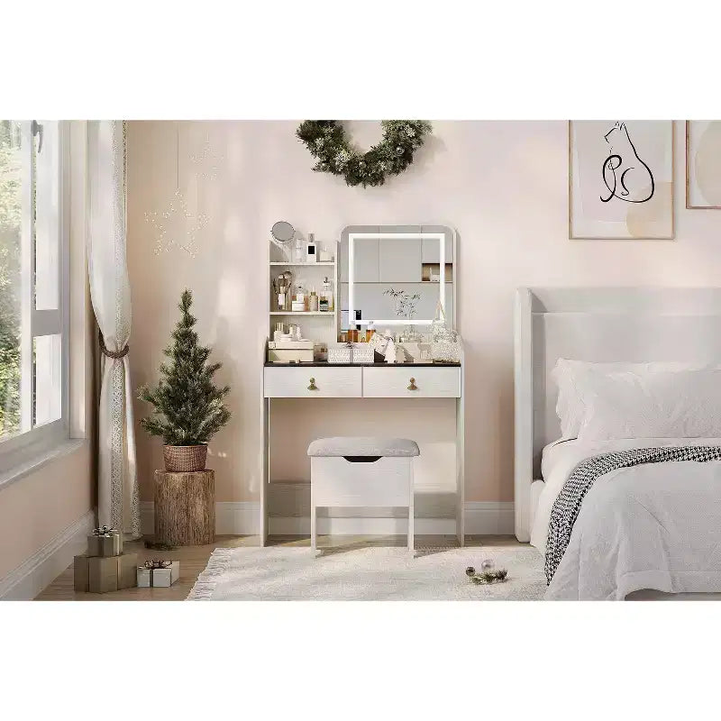 Tavolo da trucco con specchio illuminato a LED, set da trucco con 2 cassetti e stazione di ricarica, piccola scrivania da trucco con sgabello contenitore, regalo femminile