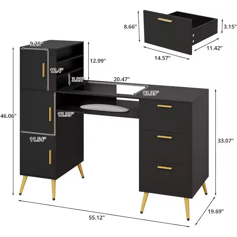 Tavolo Portatile per Unghie con Cassetti, Tavolo per Manicure per Tecnico delle Unghie con Piano in Vetro e Poggiapolsi, Postazione Unghie con Maniglie e Gambe in Metallo