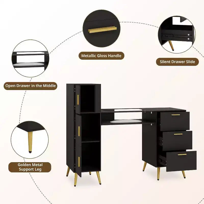 Tavolo Portatile per Unghie con Cassetti, Tavolo per Manicure per Tecnico delle Unghie con Piano in Vetro e Poggiapolsi, Postazione Unghie con Maniglie e Gambe in Metallo