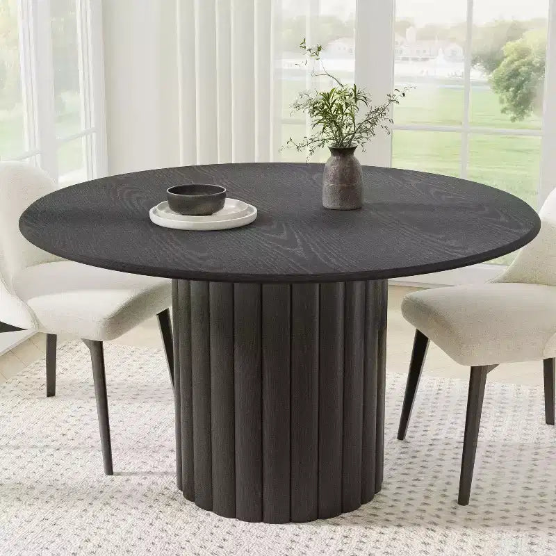 Tavolo da pranzo rotondo in legno da 52" per cucina, per 4-6 persone, con bordo superiore ad arco e piedistallo scanalato per soggiorno/sala da pranzo, caffè, ufficio, nero
