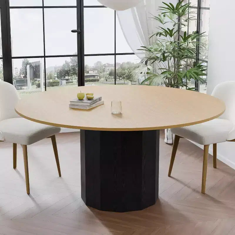 Tavolo da pranzo rotondo in legno massello da 60 pollici H, per 6-8 persone, con piano e base cilindrica per soggiorno/sala da pranzo/caffè/ufficio, colore naturale