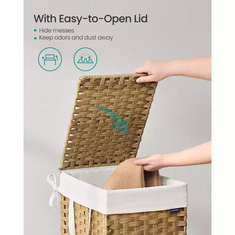 Cesto Portabiancheria Pieghevole con Coperchio e Fodera Rimovibile, Cesto in Rattan Sintetico da 36 Litri per Piccoli Spazi, Giallo Oca