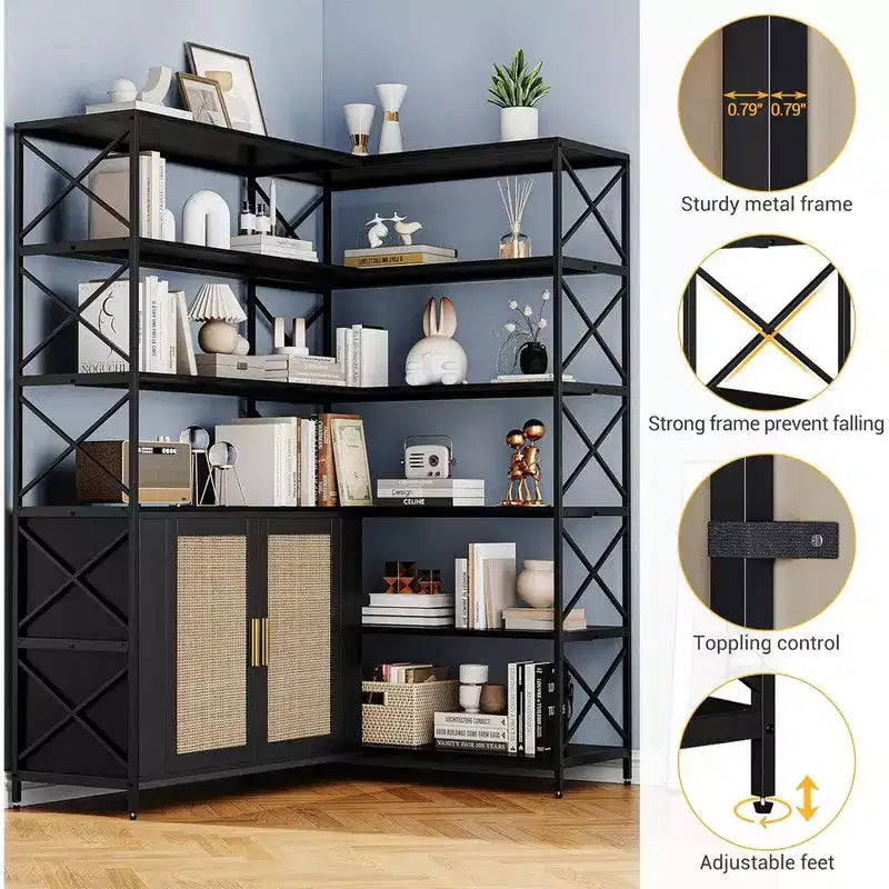 Libreria angolare a 6 ripiani, scaffale Etagere industriale, grande scaffale espositivo a L per casa, ufficio, soggiorno, cucina