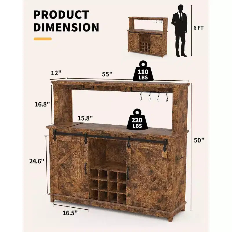 55 Mobile Bar da Caffè in Stile Rustico con Presa di Corrente e Luci LED - Porta Scorrevole a Fienile, Porta Bottiglie, Stazione di Ricarica USB | Nero/Marrone/Bianco