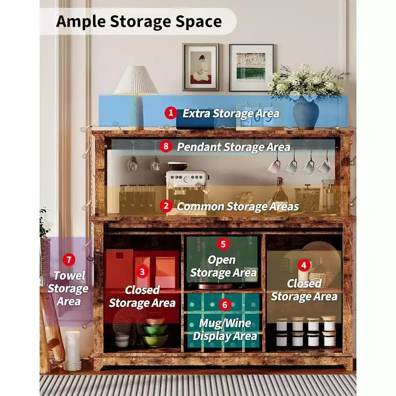 55 Mobile Bar da Caffè in Stile Rustico con Presa di Corrente e Luci LED - Porta Scorrevole a Fienile, Porta Bottiglie, Stazione di Ricarica USB | Nero/Marrone/Bianco
