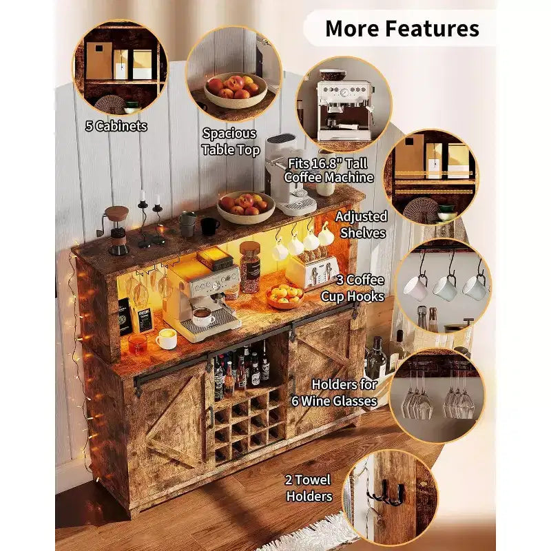 55 Mobile Bar da Caffè in Stile Rustico con Presa di Corrente e Luci LED - Porta Scorrevole a Fienile, Porta Bottiglie, Stazione di Ricarica USB | Nero/Marrone/Bianco