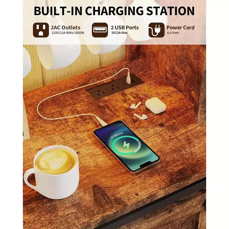 55 Mobile Bar da Caffè in Stile Rustico con Presa di Corrente e Luci LED - Porta Scorrevole a Fienile, Porta Bottiglie, Stazione di Ricarica USB | Nero/Marrone/Bianco