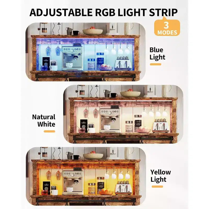 55 Mobile Bar da Caffè in Stile Rustico con Presa di Corrente e Luci LED - Porta Scorrevole a Fienile, Porta Bottiglie, Stazione di Ricarica USB | Nero/Marrone/Bianco