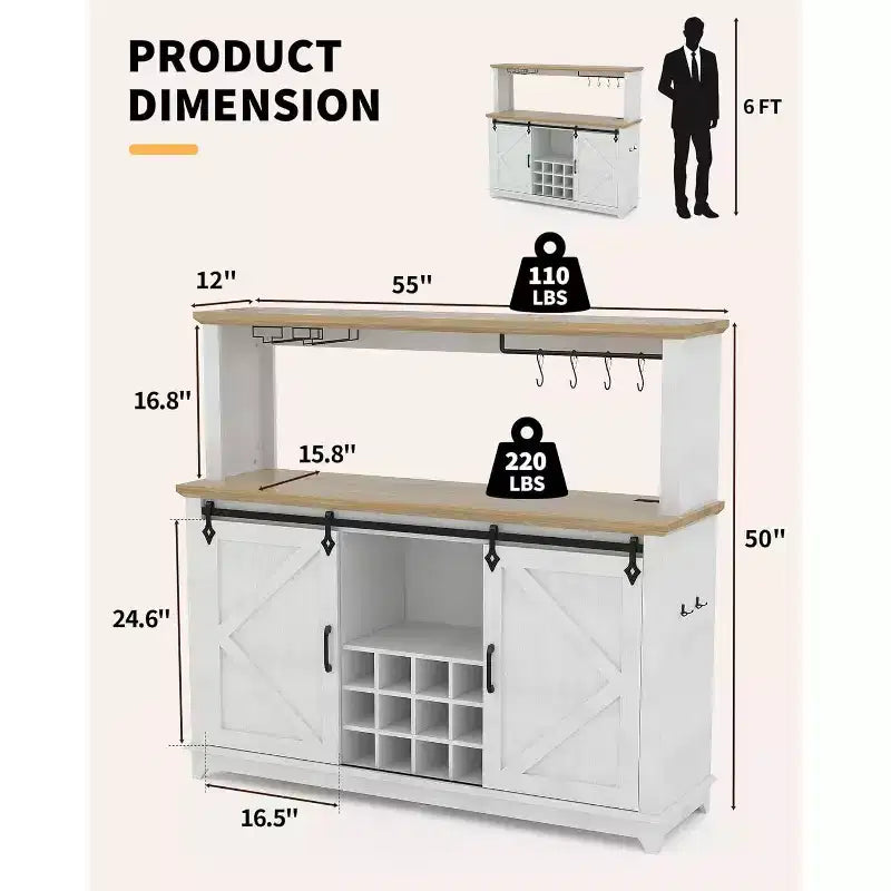 55 Mobile Bar da Caffè in Stile Rustico con Presa di Corrente e Luci LED - Porta Scorrevole a Fienile, Porta Bottiglie, Stazione di Ricarica USB | Nero/Marrone/Bianco