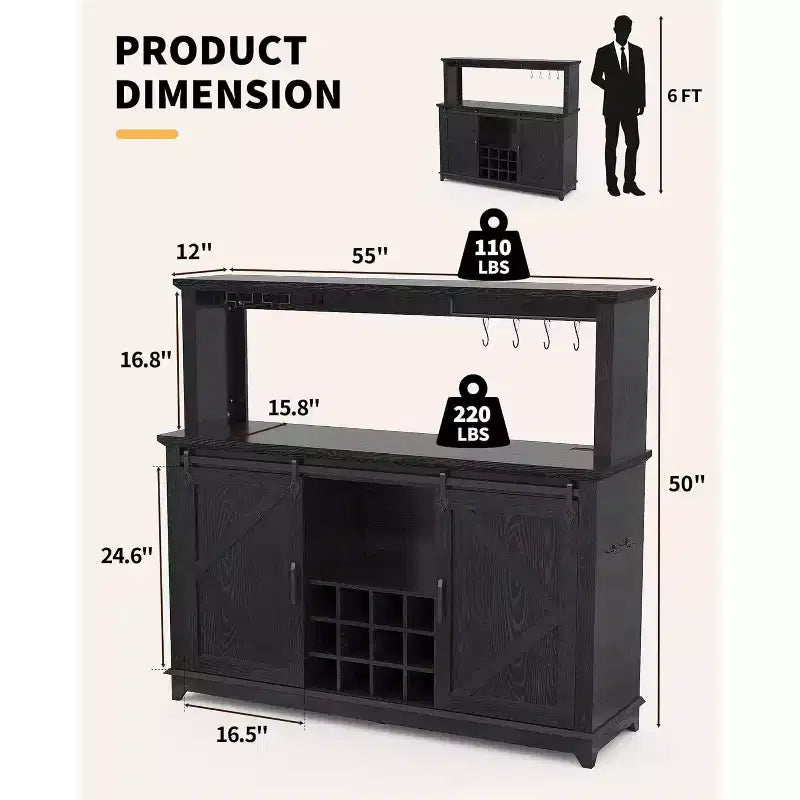 55 Mobile Bar da Caffè in Stile Rustico con Presa di Corrente e Luci LED - Porta Scorrevole a Fienile, Porta Bottiglie, Stazione di Ricarica USB | Nero/Marrone/Bianco