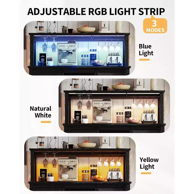 55 Mobile Bar da Caffè in Stile Rustico con Presa di Corrente e Luci LED - Porta Scorrevole a Fienile, Porta Bottiglie, Stazione di Ricarica USB | Nero/Marrone/Bianco