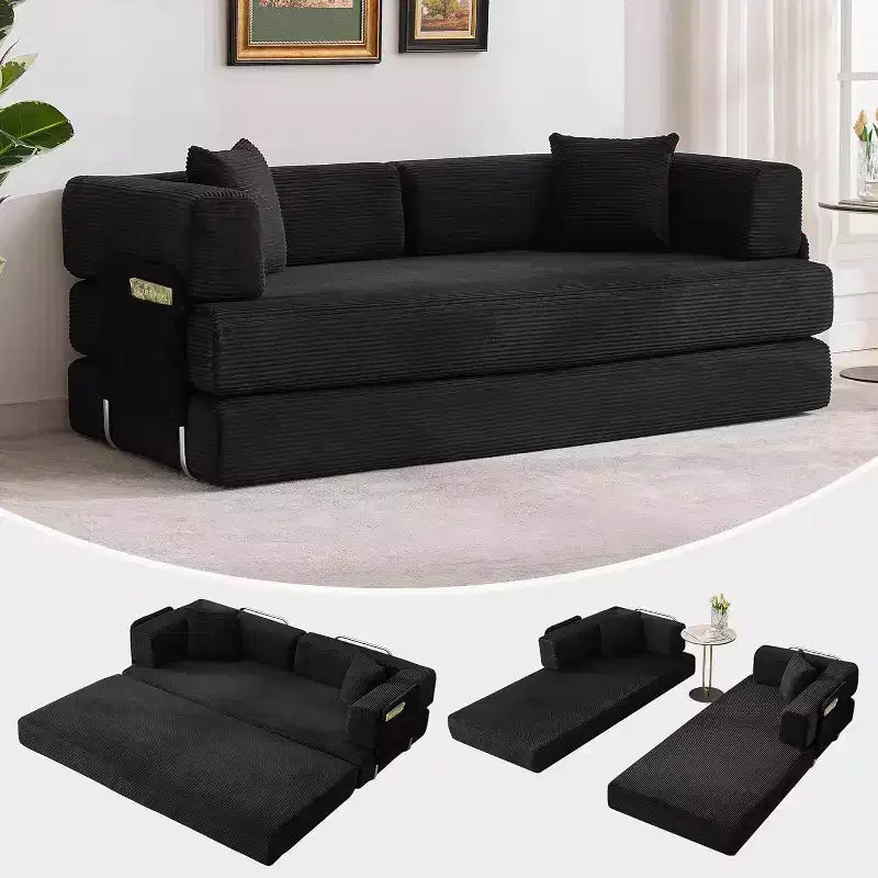 Divano Letto Convertibile 78,8'' con Cuscini, Divano da Terra 5-in-1 in Velluto a Coste, Divano Letto Pieghevole con Struttura Fissa, Nessun Montaggio